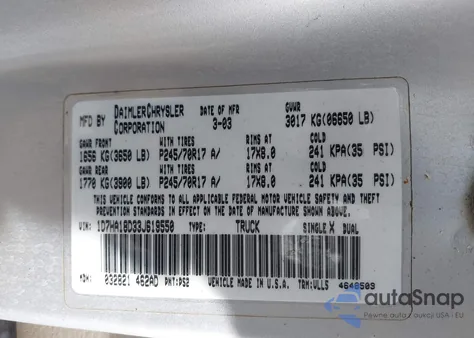 2003 Dodge Ram 1500 Slt/Laramie/St from USA, damaged, VIN 1D7HA18D33J619550